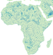 One output of the PyCatch catchment model ported to the LUE framework. The image shows runoff for the whole of Africa in 3 arc-minute resolution (about 90 m at the equator). The study was about proofing that LUE is capable of running the model at high resolutions. The input data used were unrealistic. The results were presented at <a href="https://doi.org/10.5194/egusphere-egu21-7154">EGU 2021</a>.